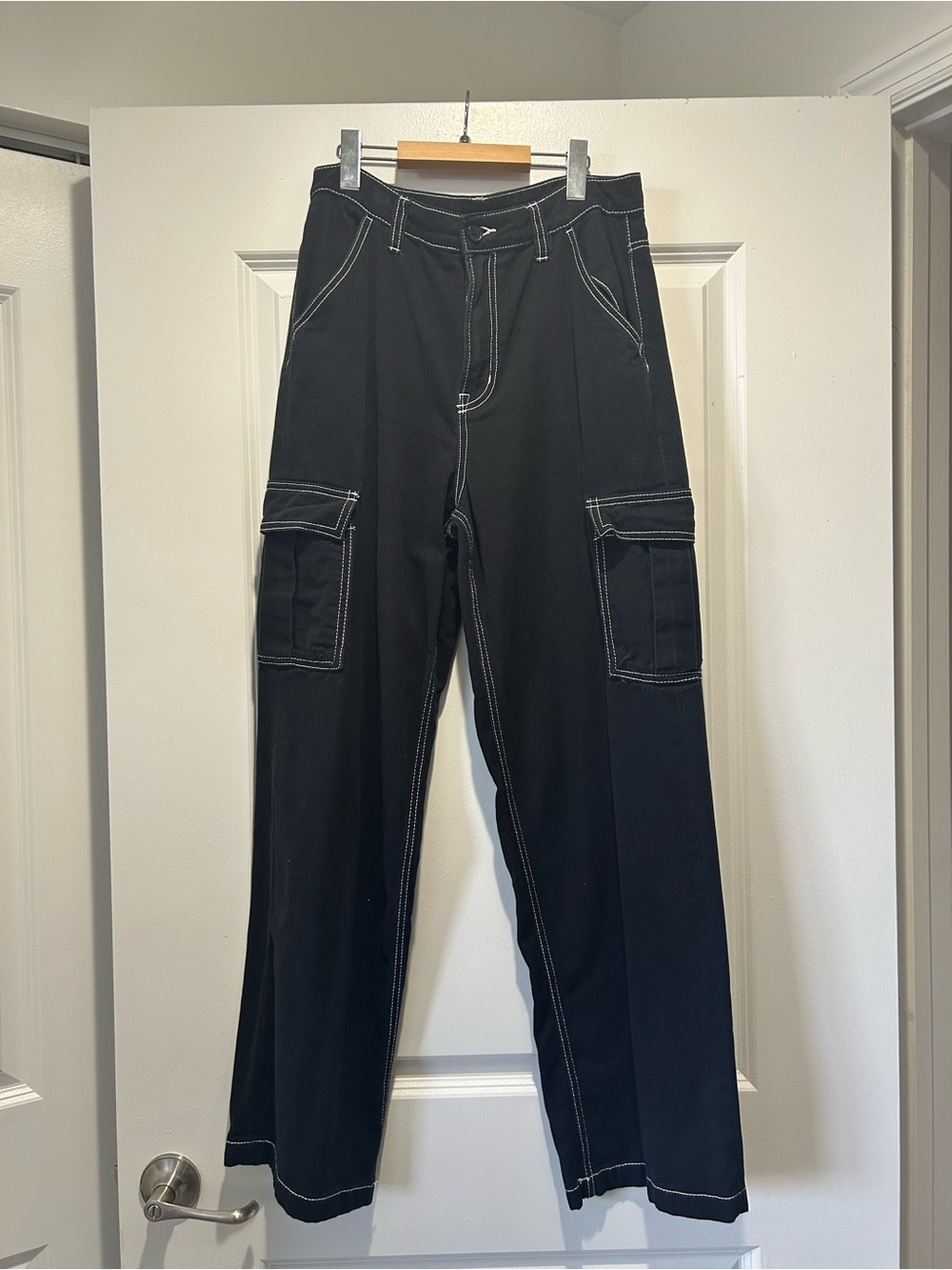 H&M Black Cargo Pants with White Contrast Stitching